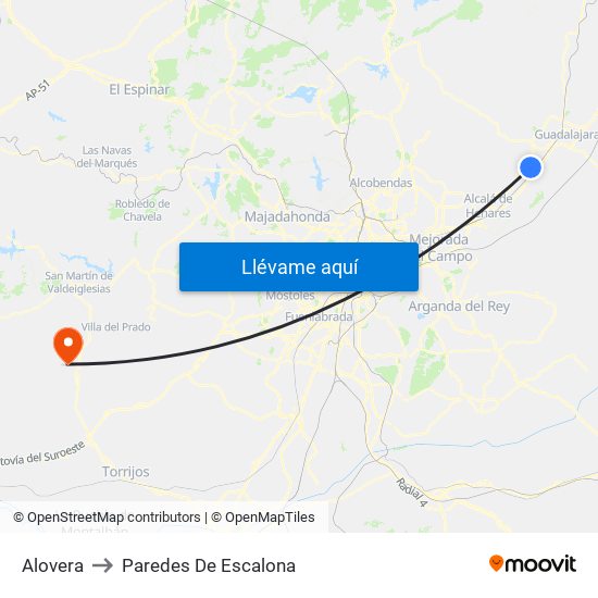 Alovera to Paredes De Escalona map