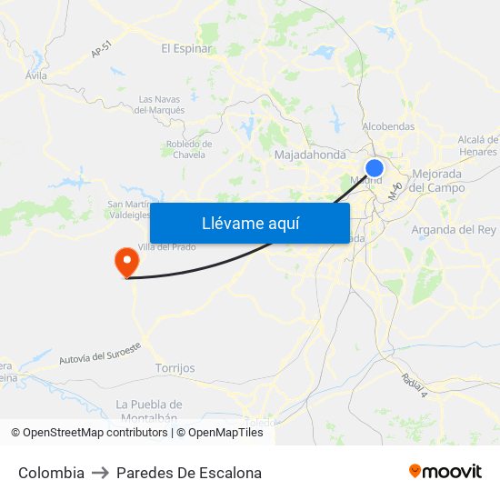 Colombia to Paredes De Escalona map