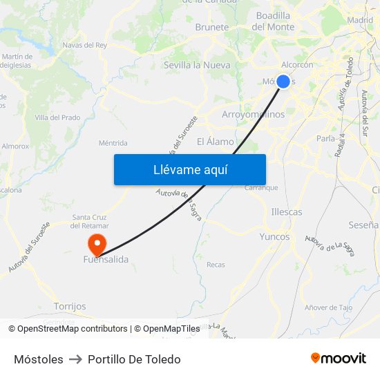 Móstoles to Portillo De Toledo map