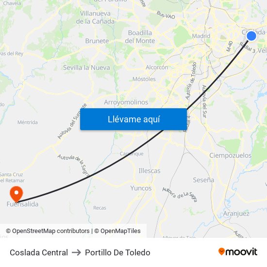 Coslada Central to Portillo De Toledo map