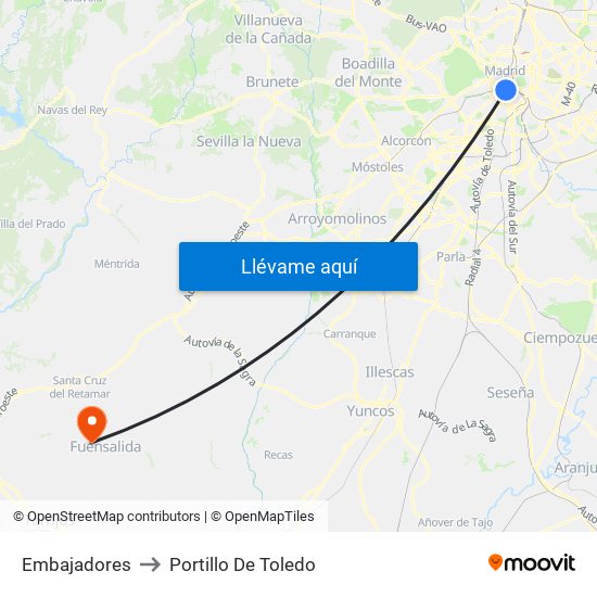 Embajadores to Portillo De Toledo map