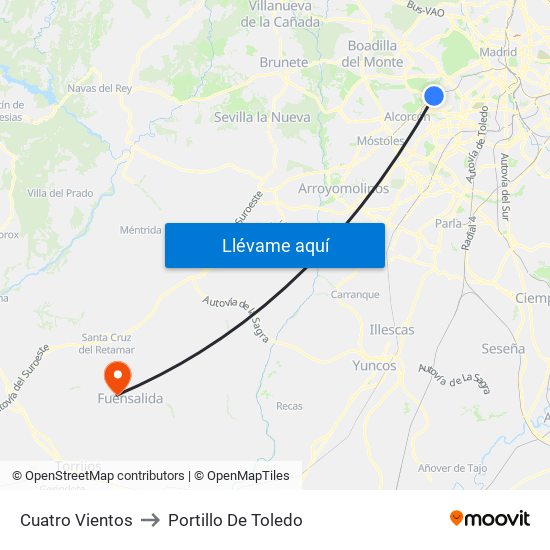 Cuatro Vientos to Portillo De Toledo map