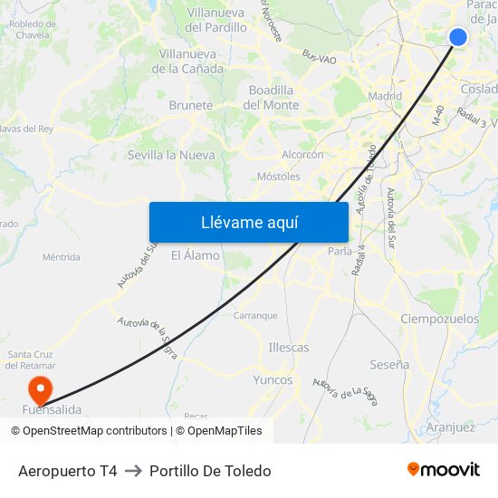 Aeropuerto T4 to Portillo De Toledo map