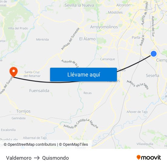 Valdemoro to Quismondo map