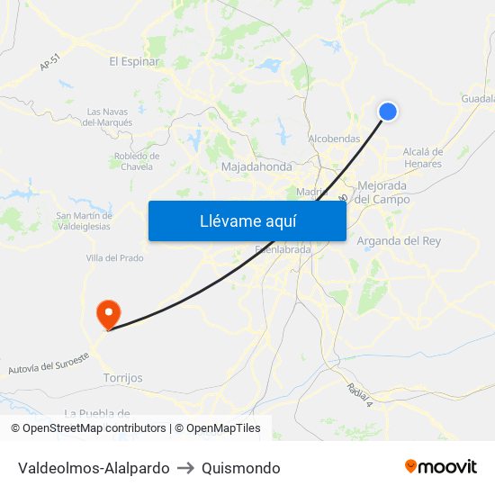 Valdeolmos-Alalpardo to Quismondo map