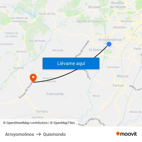 Arroyomolinos to Quismondo map