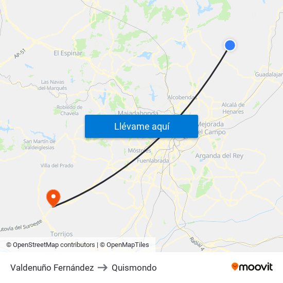 Valdenuño Fernández to Quismondo map