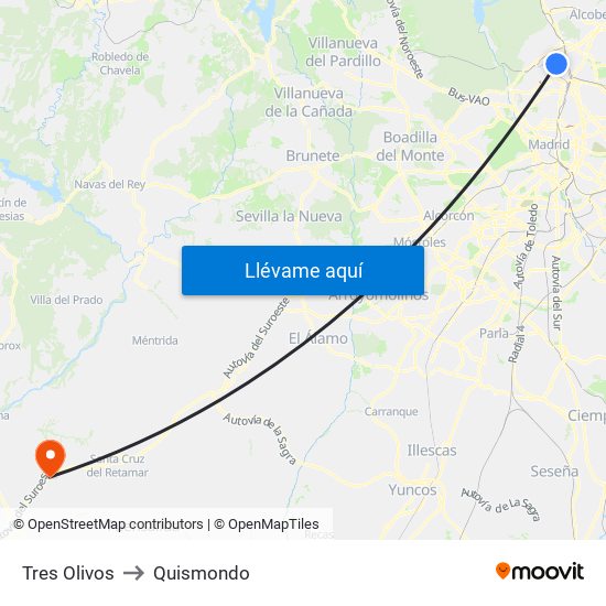 Tres Olivos to Quismondo map