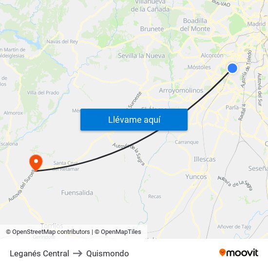 Leganés Central to Quismondo map