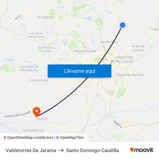 Valdetorres De Jarama to Santo Domingo-Caudilla map