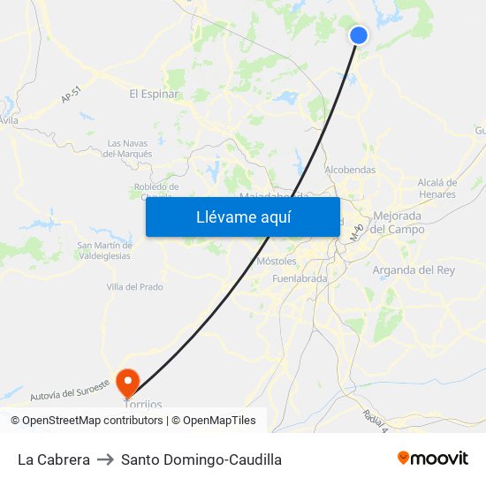 La Cabrera to Santo Domingo-Caudilla map
