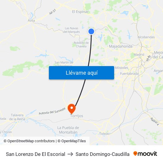 San Lorenzo De El Escorial to Santo Domingo-Caudilla map