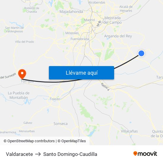 Valdaracete to Santo Domingo-Caudilla map