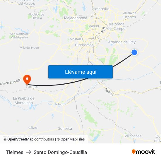 Tielmes to Santo Domingo-Caudilla map