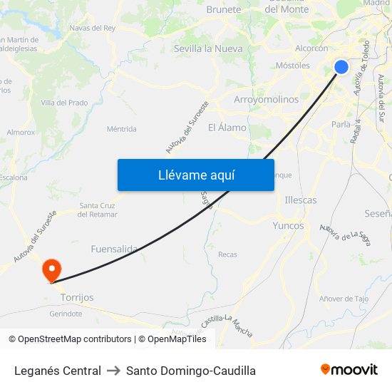 Leganés Central to Santo Domingo-Caudilla map