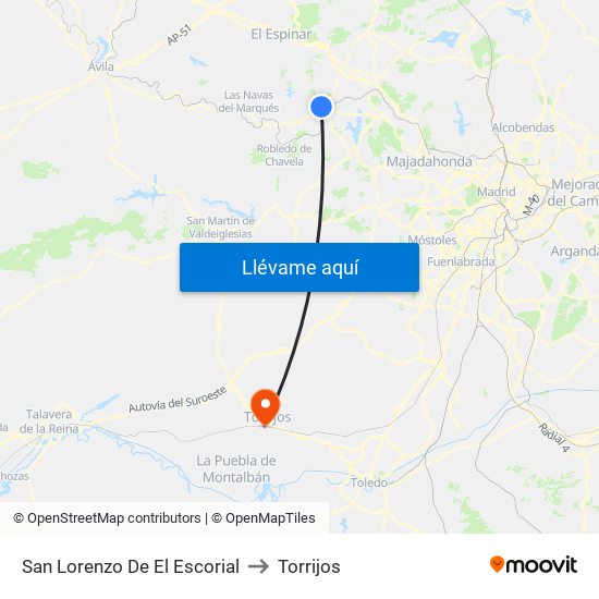 San Lorenzo De El Escorial to Torrijos map