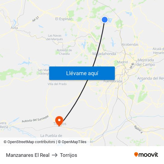Manzanares El Real to Torrijos map