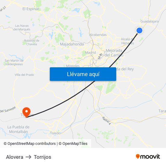 Alovera to Torrijos map