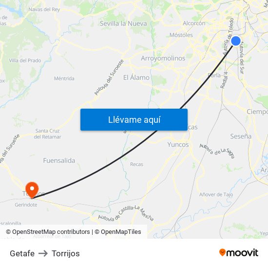 Getafe to Torrijos map