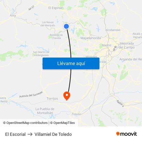 El Escorial to Villamiel De Toledo map