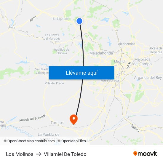 Los Molinos to Villamiel De Toledo map