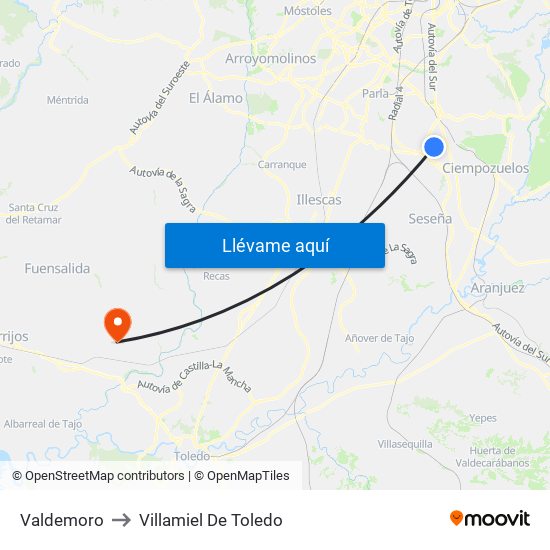 Valdemoro to Villamiel De Toledo map
