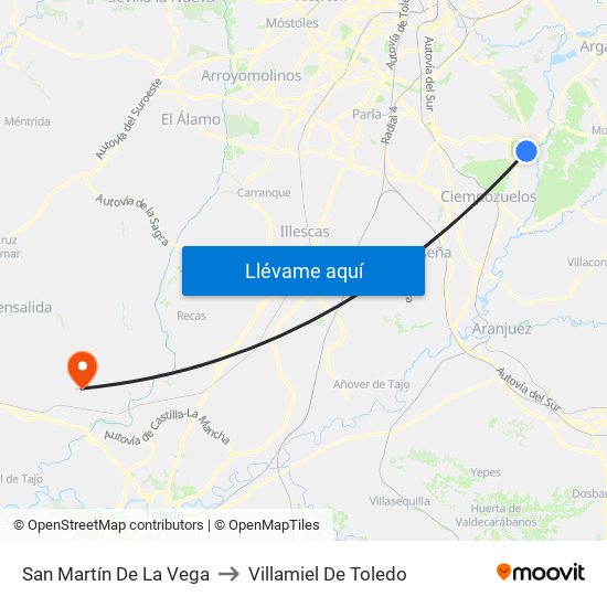 San Martín De La Vega to Villamiel De Toledo map