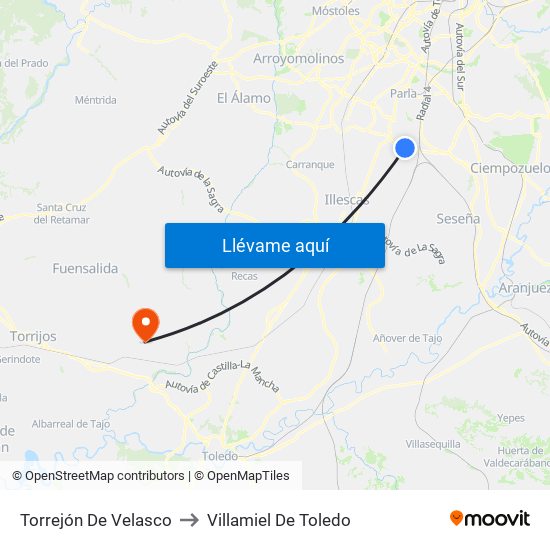 Torrejón De Velasco to Villamiel De Toledo map