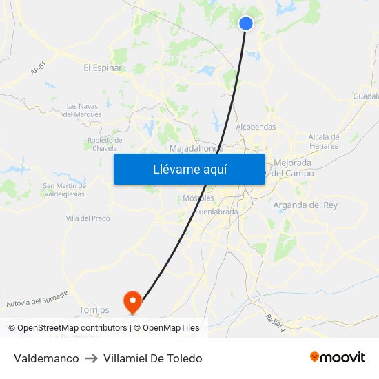 Valdemanco to Villamiel De Toledo map