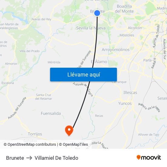 Brunete to Villamiel De Toledo map