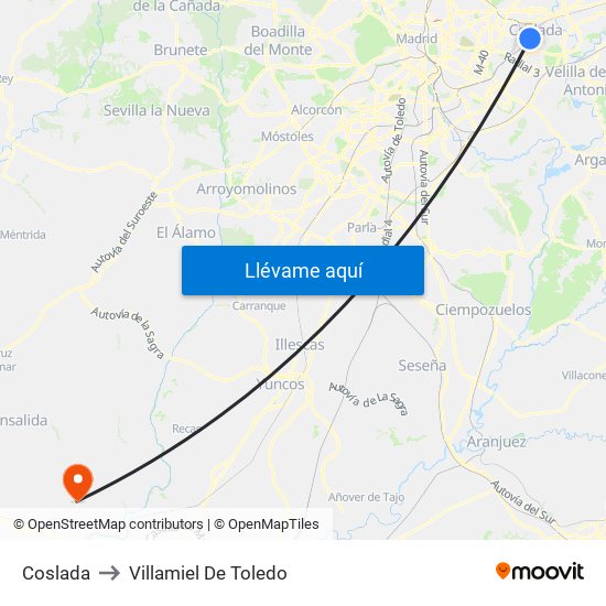 Coslada to Villamiel De Toledo map