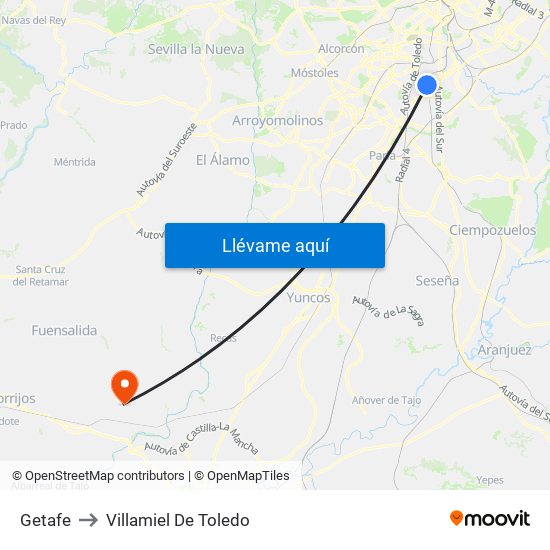Getafe to Villamiel De Toledo map