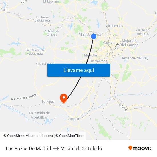 Las Rozas De Madrid to Villamiel De Toledo map