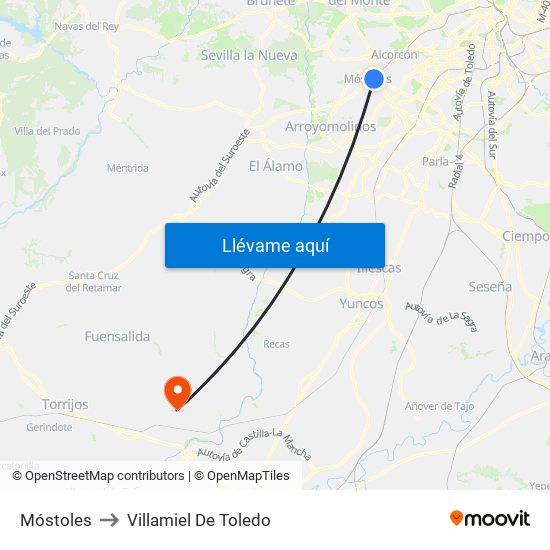 Móstoles to Villamiel De Toledo map