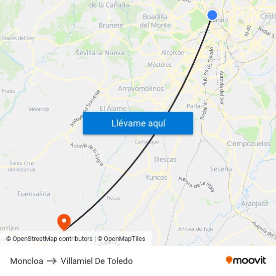 Moncloa to Villamiel De Toledo map