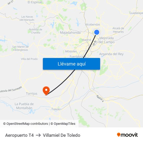Aeropuerto T4 to Villamiel De Toledo map