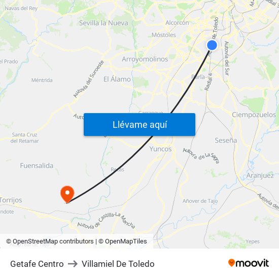 Getafe Centro to Villamiel De Toledo map