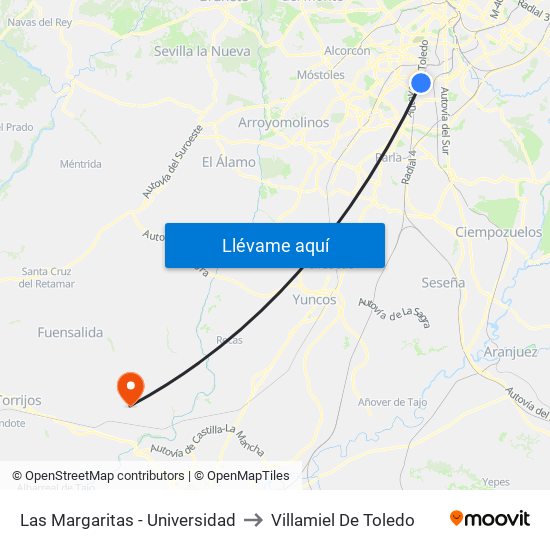 Las Margaritas - Universidad to Villamiel De Toledo map