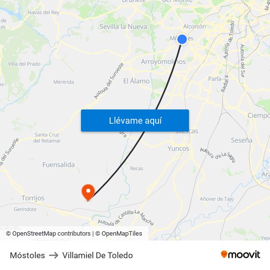 Móstoles to Villamiel De Toledo map