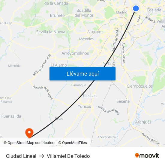 Ciudad Lineal to Villamiel De Toledo map