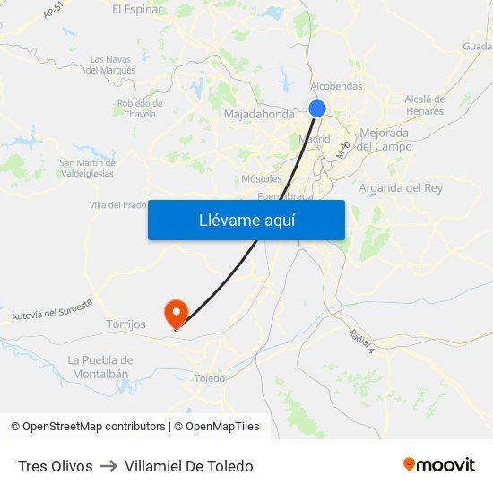 Tres Olivos to Villamiel De Toledo map