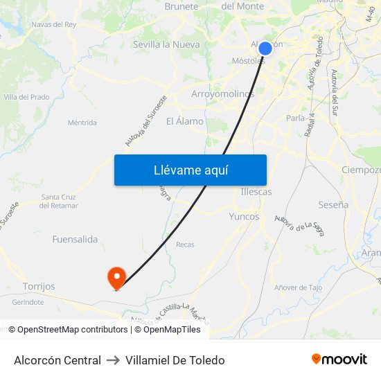 Alcorcón Central to Villamiel De Toledo map