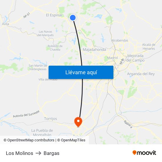 Los Molinos to Bargas map