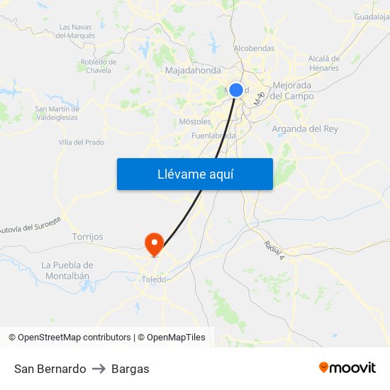 San Bernardo to Bargas map