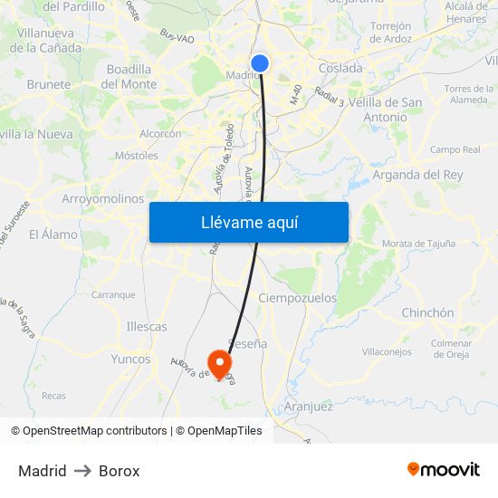 Madrid to Borox map