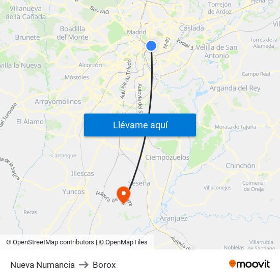 Nueva Numancia to Borox map