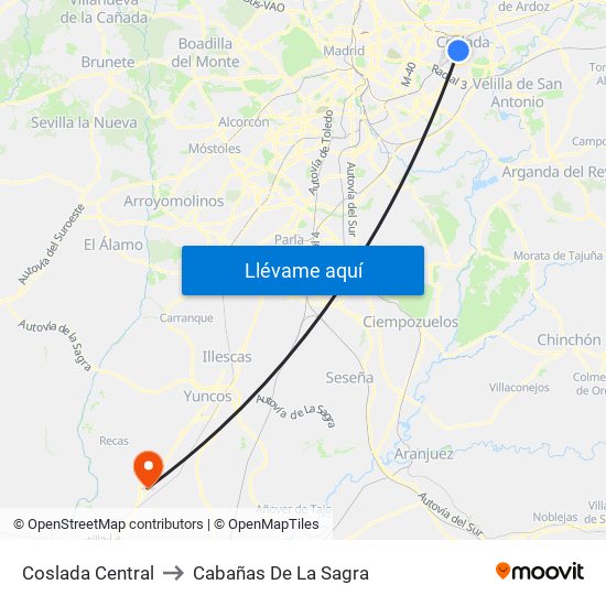 Coslada Central to Cabañas De La Sagra map