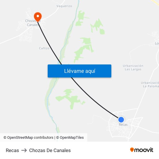 Recas to Chozas De Canales map