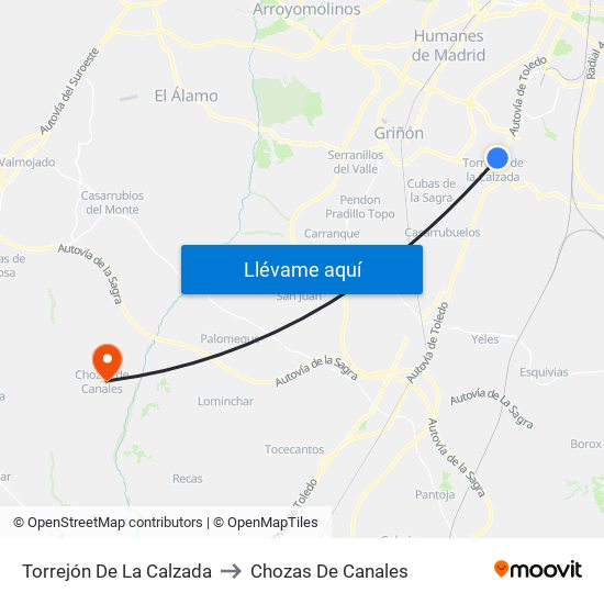 Torrejón De La Calzada to Chozas De Canales map