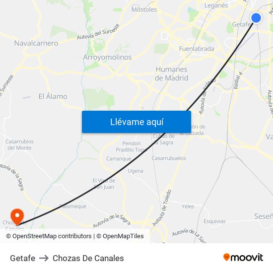 Getafe to Chozas De Canales map